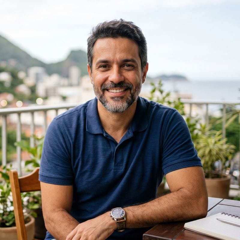 Adriano Carlos, fundador e editor-chefe do Sono Premium, sorrindo em uma varanda no Rio de Janeiro com montanhas ao fundo.