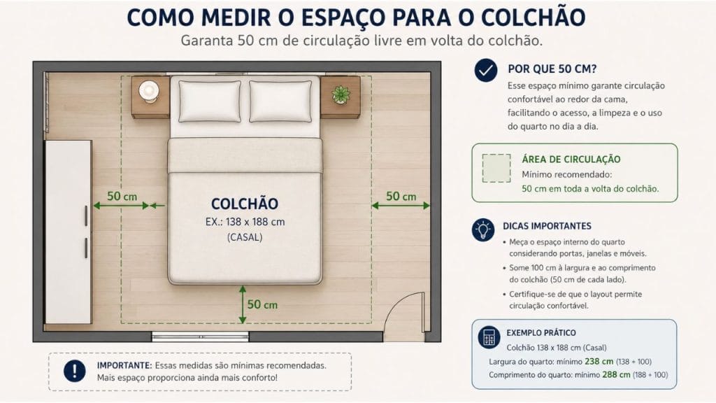 Espaço recomendado ao redor da cama para cada tamanho de colchão