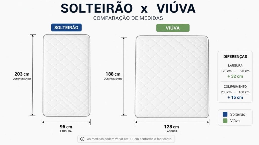 Comparação entre colchão solteirão e colchão viúva com medidas em centímetros